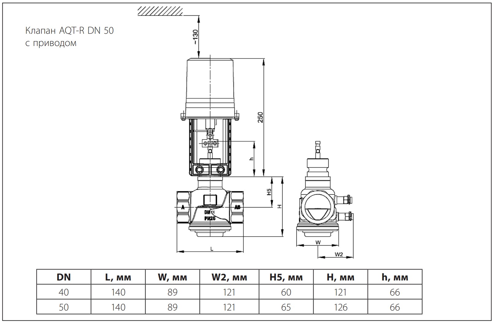 Габаритные и присоединительные  размеры клапана AQT-R c DN 40-50 Ридан
