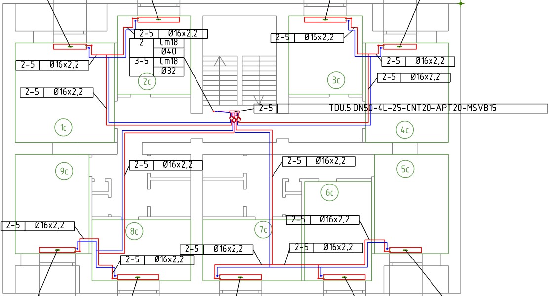 DCAD пример оформления типового этажа проекта системы отопления с этажными распределительными узлами TDU
