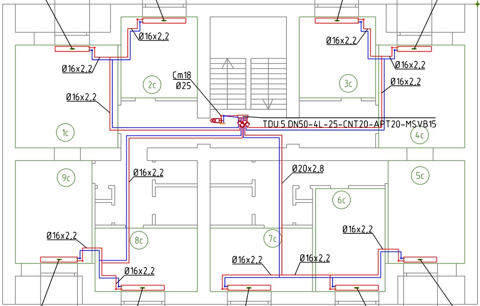DCAD пример оформления 6 этажа проекта системы отопления с этажными распределительными узлами TDU