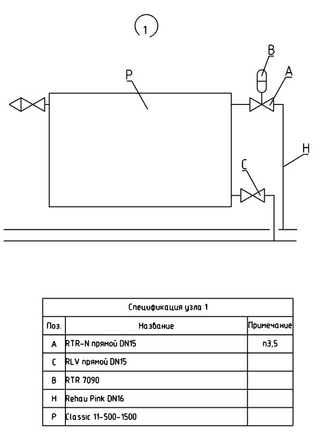 DCAD пример оформления схемы и спецификации узла обвязки отопительного прибора