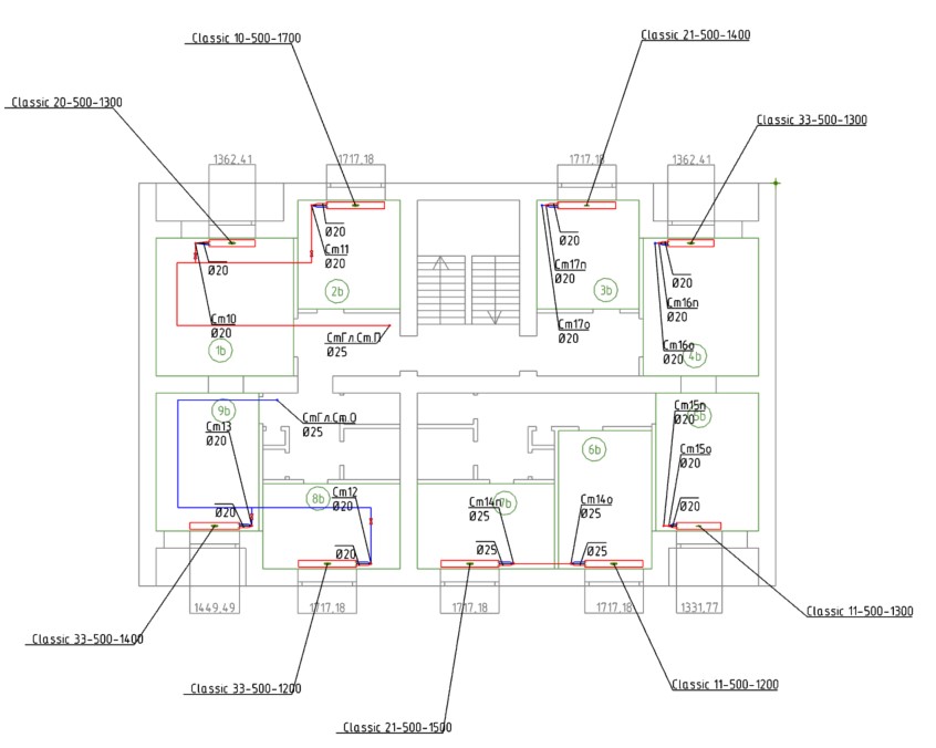 DCAD пример оформления 6 этажа проекта системы отопления