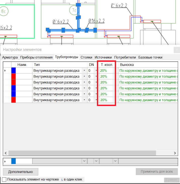Выбор изоляции на вкладке Трубопроводы в окне настройки элементов